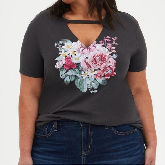 Torrid 00 Shirt Classic Fit Choker Tee Vintage Floral Keyhole Cut Out V Charcoal - Picture 1 of 10